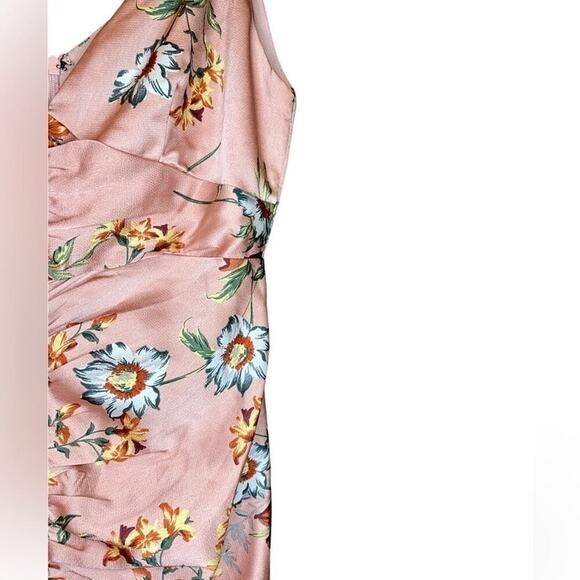 Floret Studios Satin Pink Floral Front Ruched High Low Sleeveless Midi Dress - Picture 10 of 10